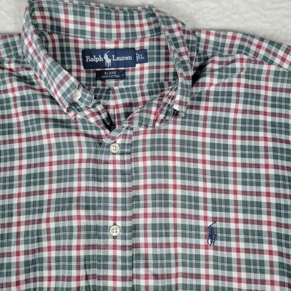Ralph Lauren Blake Shirt Mens L Green Red Plaid Short Sleeve Cotton Button Up